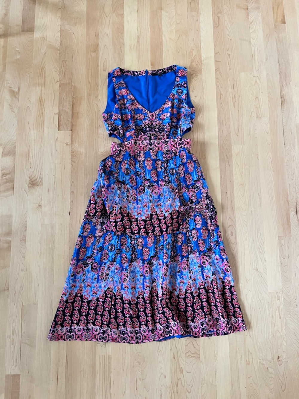Nanette Lepore Blue and Pink Floral V-Neck Maxi Dress with Side Cut Outs